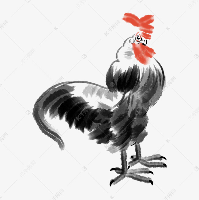 手绘水墨公鸡插画