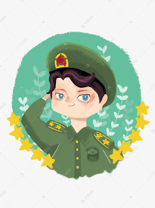 建军节可爱卡通军人敬礼插画手绘