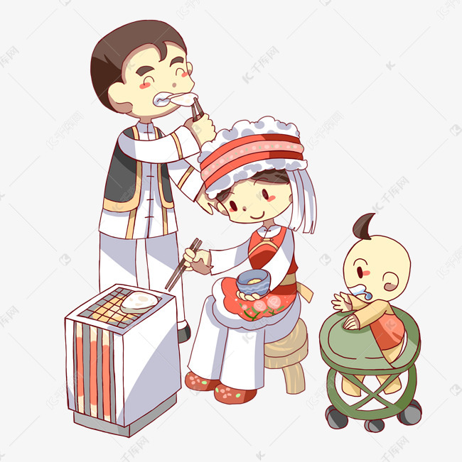 冬至节白族一家人电炉吃糍粑元素