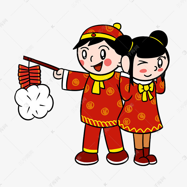 卡通新年金童玉女放鞭炮png透明底素材图片免费下载-千库网