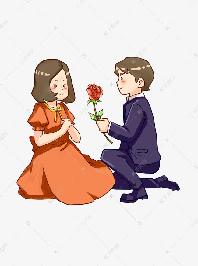 男生手拿玫瑰花送女孩的卡通元素