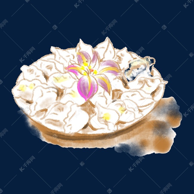 一盘水墨饺子插画