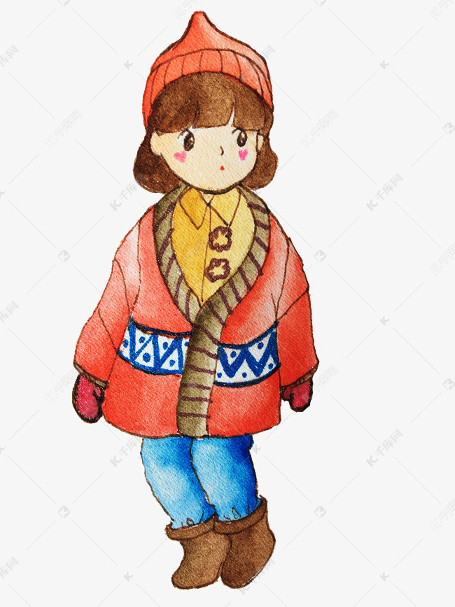 冬天戴帽子的小女生插画