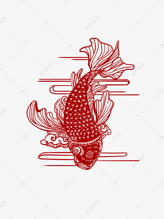 手绘鲤鱼剪纸窗花设计元素