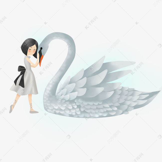 卡通手绘梦幻白天鹅和小女孩