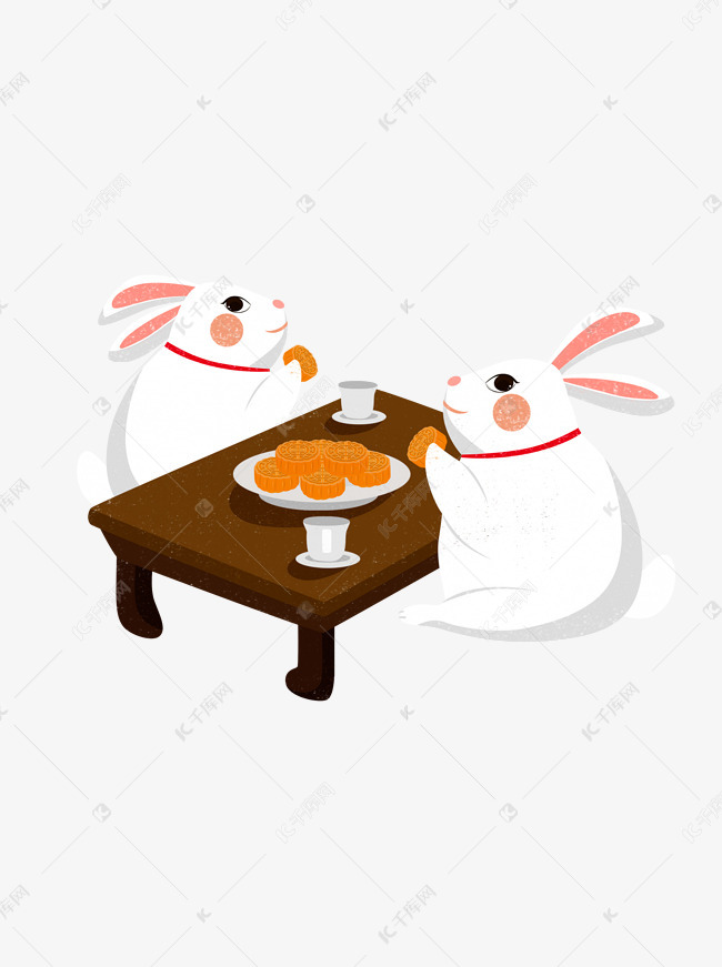 中秋节一起吃月饼的两只小兔子