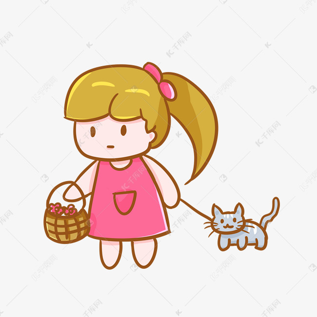 提着花篮遛猫的少女