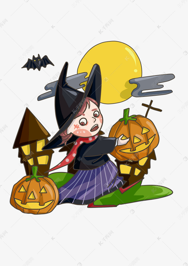 万圣节卡通巫婆装扮人物插画