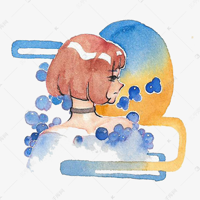 水彩黄蓝色系手绘元素侧脸女孩免