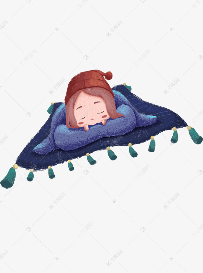手绘卡通飞毯上睡觉的可爱女孩元