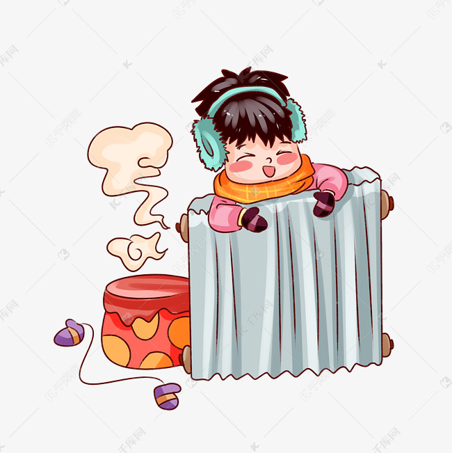 冬季取暖小男孩暖气手绘插画