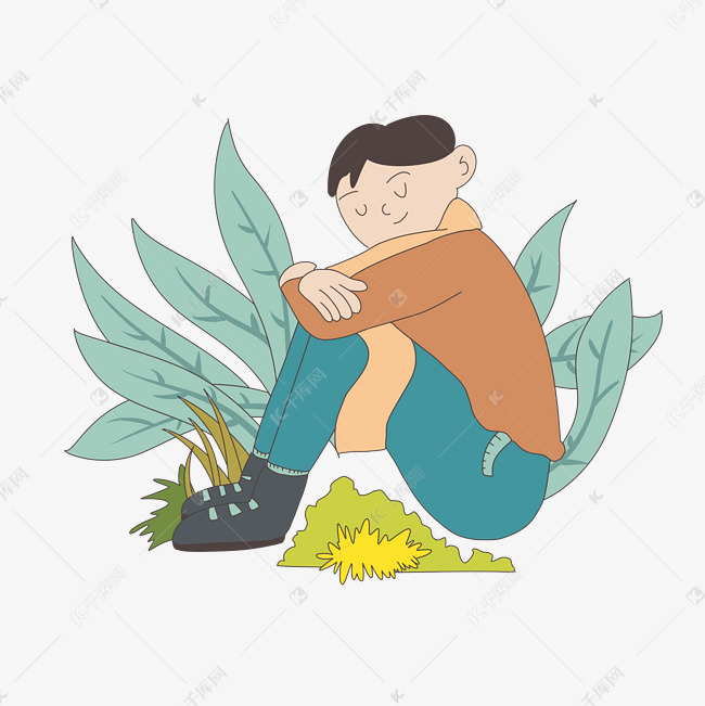 寒露主题抱腿休息的男生插画