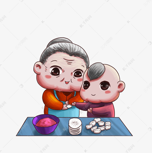 立冬祖孙包饺子手绘