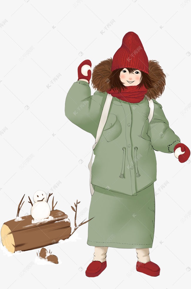 手绘穿厚厚冬装女孩插画