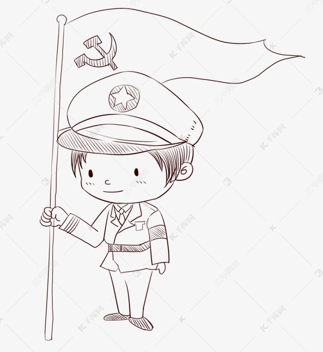 手绘线描军人党旗插画