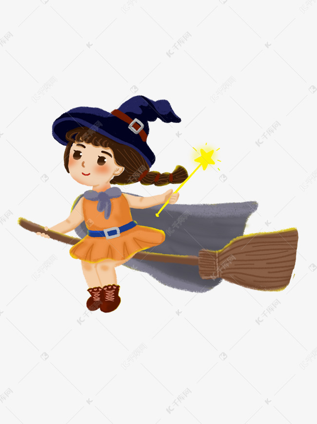 拿着星星魔法棒骑魔法扫帚的可爱小女巫素材图片免费下载-千库网