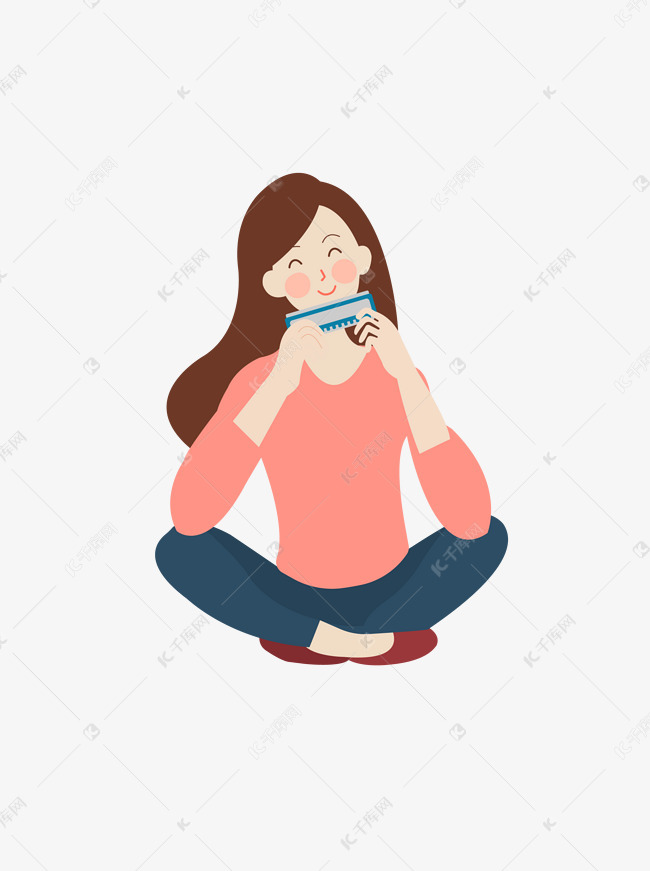 卡通手绘正在吹口琴的女孩矢量图