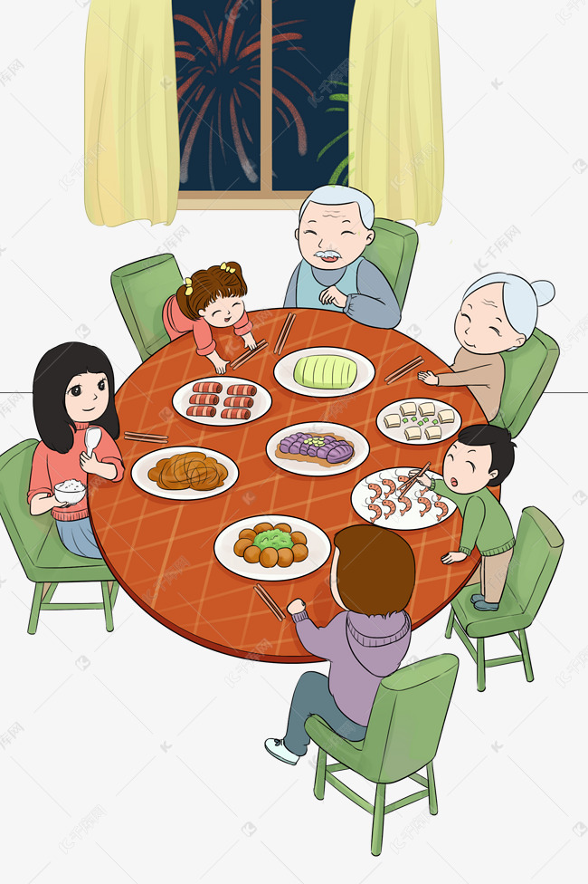 手绘新年合家团圆饭