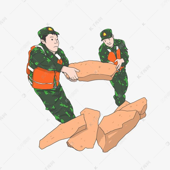 抗洪救灾穿救生衣的解放军搬石头
