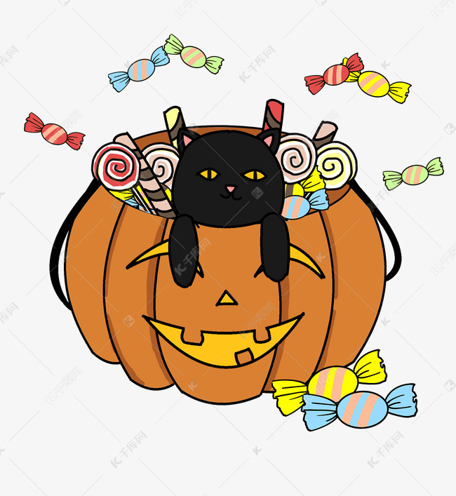 万圣节黑猫南瓜灯糖果卡爱素材图片免费下载 高清卡通手绘psd 千库网 图片编号