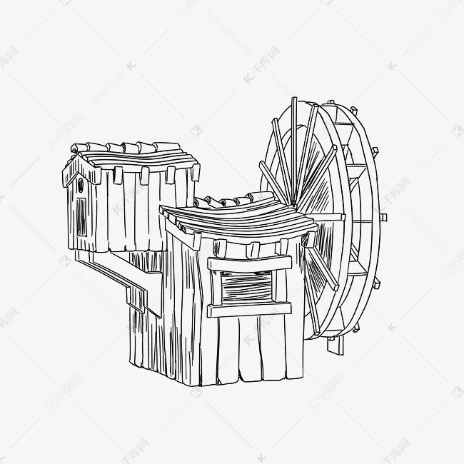 卡通农场水车线描插画