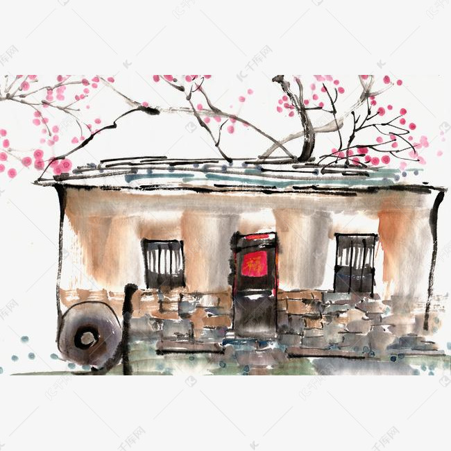 老房子老屋水墨画png免抠素材