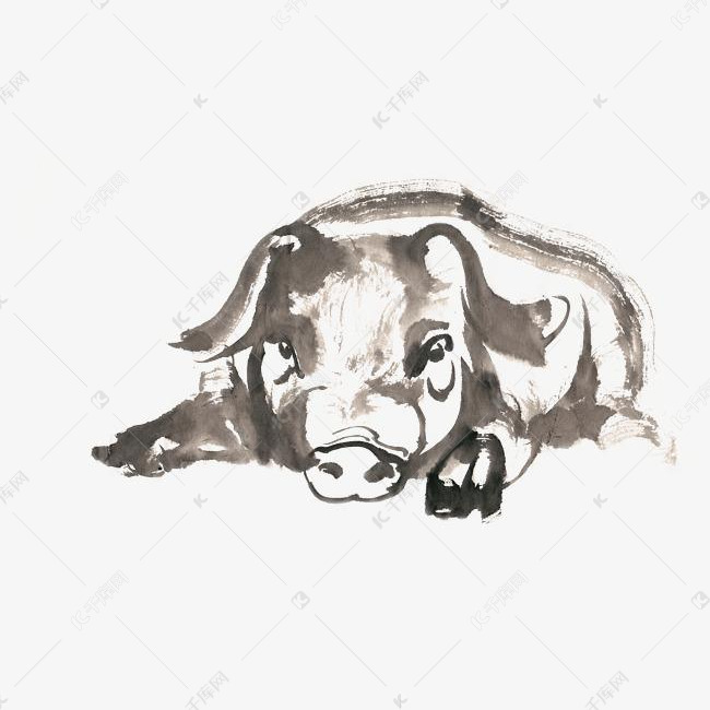 小猪水墨画png免抠素材