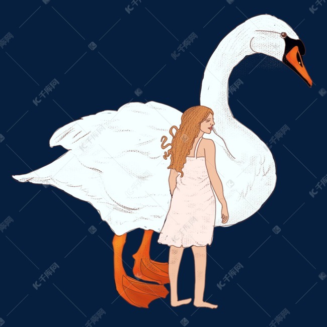 手绘唯美站立天鹅和长发长裙站立女孩欧风插画素材图片免费下载-千库