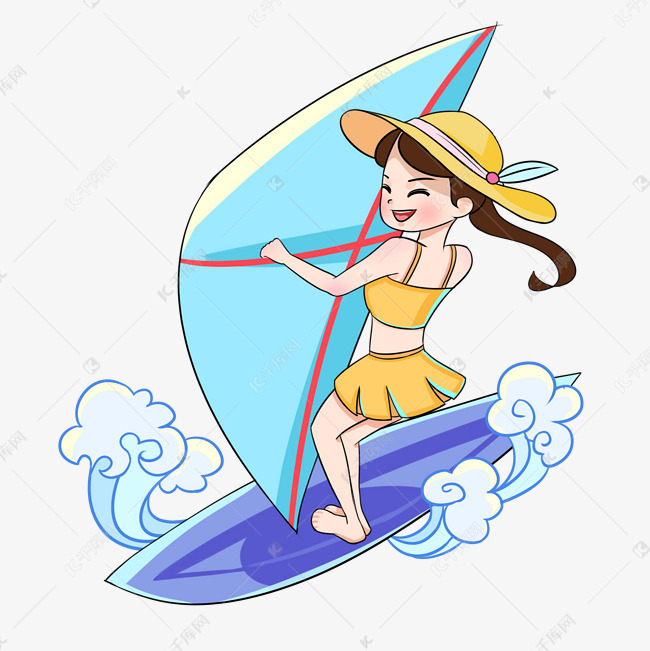 手绘女孩帆板冲浪插画素材图片免费下载-千库网