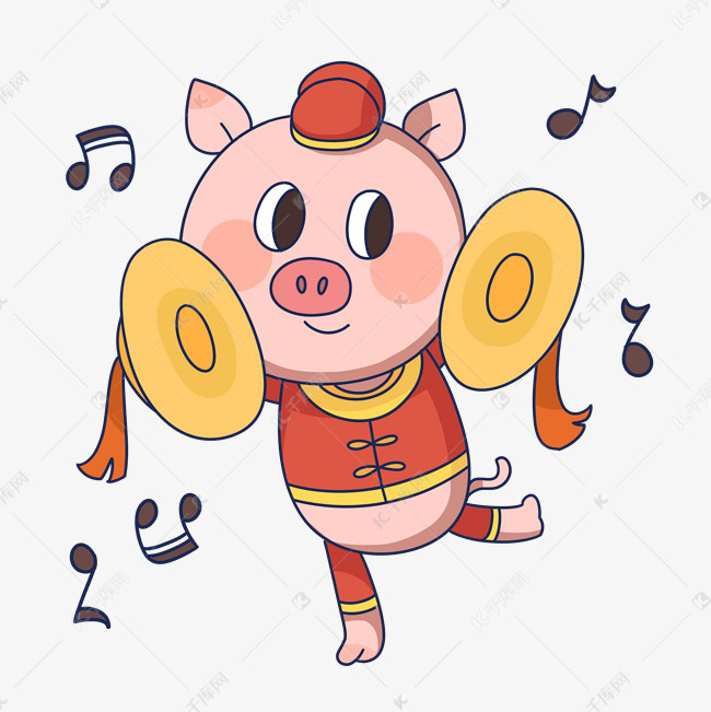 手绘新年喜庆打镲小猪插画