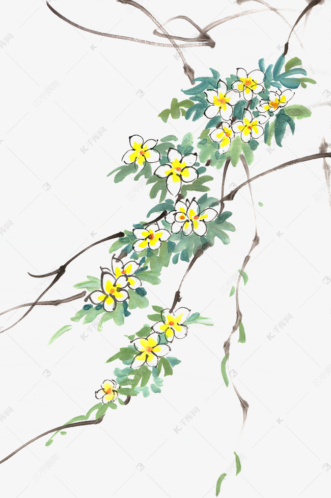淡雅花卉水墨画png免抠素材