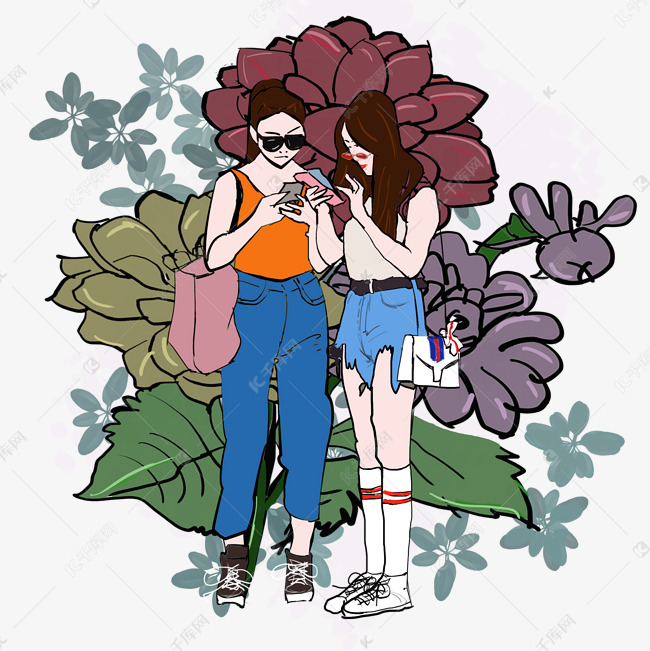 花季少女双人女青年卡通手绘