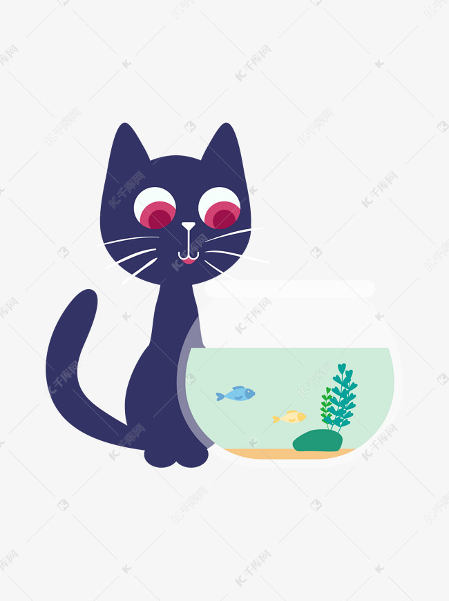 卡通手绘猫咪和鱼儿矢量图