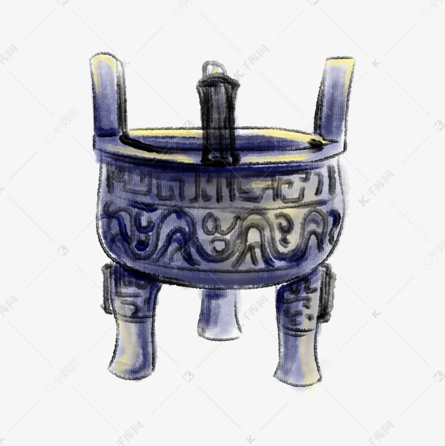 手绘蓝紫色鼎插画