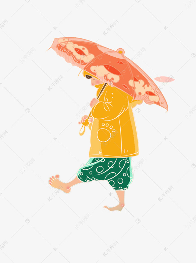 穿着雨衣打伞赤脚走路