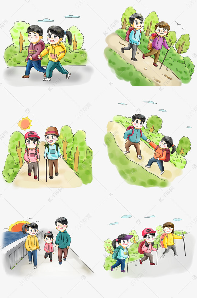 步行日亲子旅游卡通手绘q版可爱
