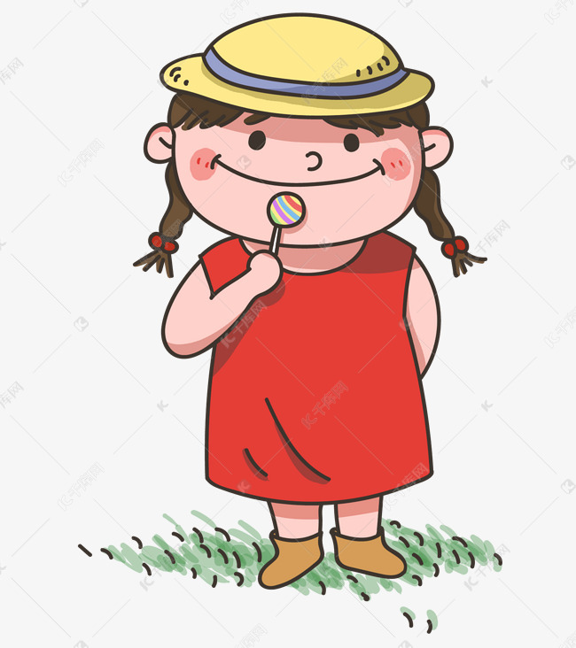 穿红色裙子吃棒棒糖的小女孩