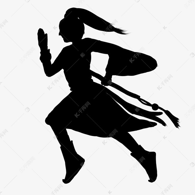 手绘古风跑步的人剪影png素材