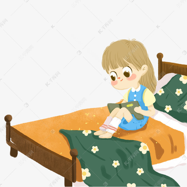 坐在床上看书的小女孩卡通png
