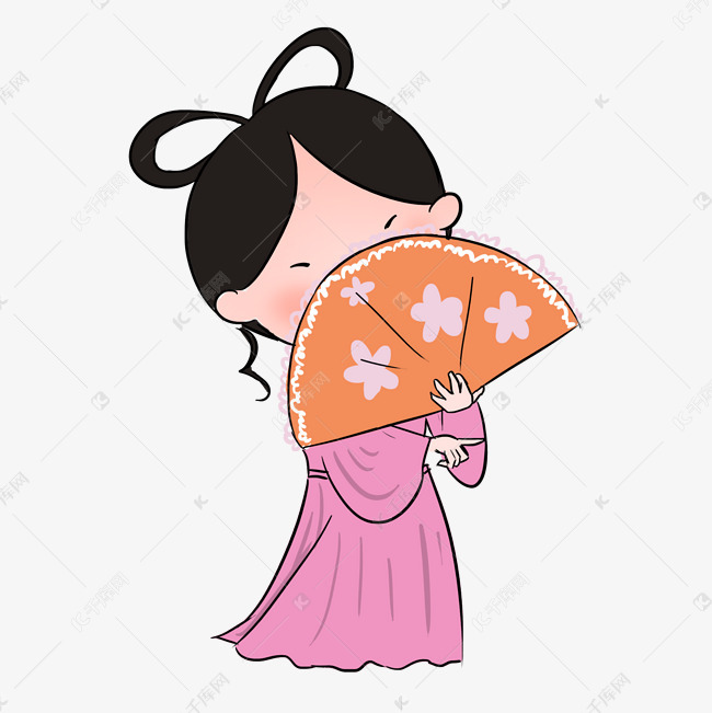 彩色手绘拿扇子的女孩