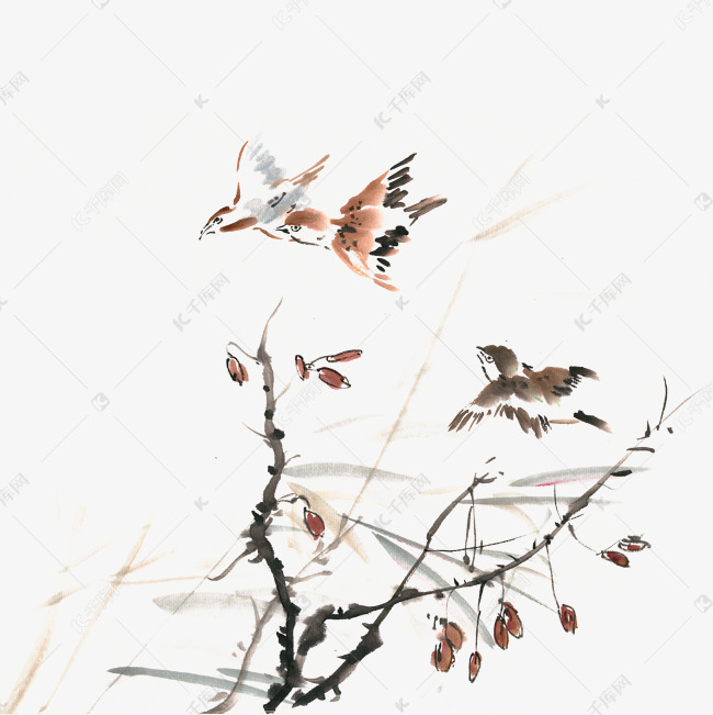 飞翔的麻雀水墨画png免抠素材