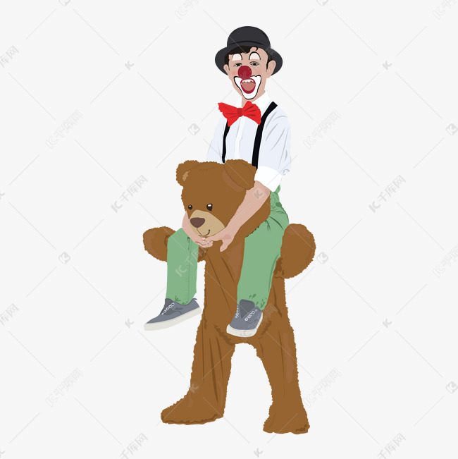 愚人节手绘风格插画小男孩骑在玩具熊上