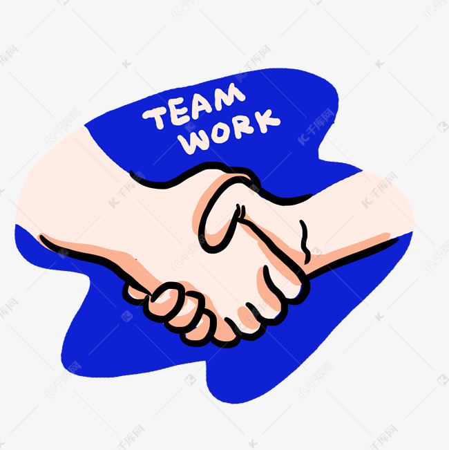 蓝色手绘团队协作握手简笔画免抠