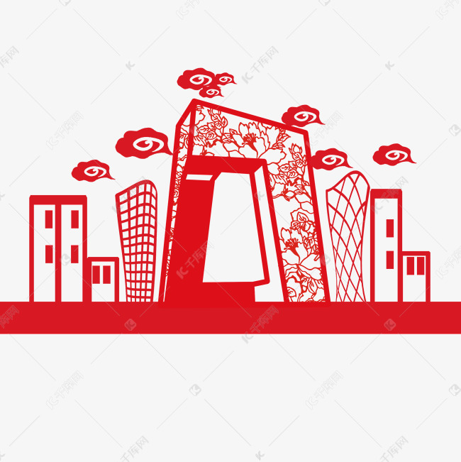 手绘中央电视台剪纸插画