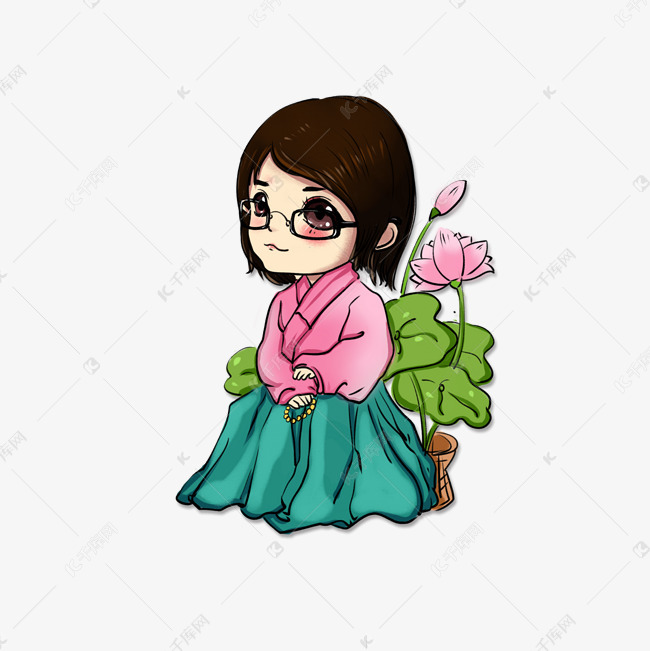 手绘文静卡通佛系少女