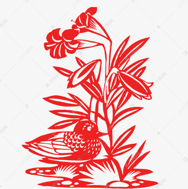红色剪纸风花鸟免扣素材