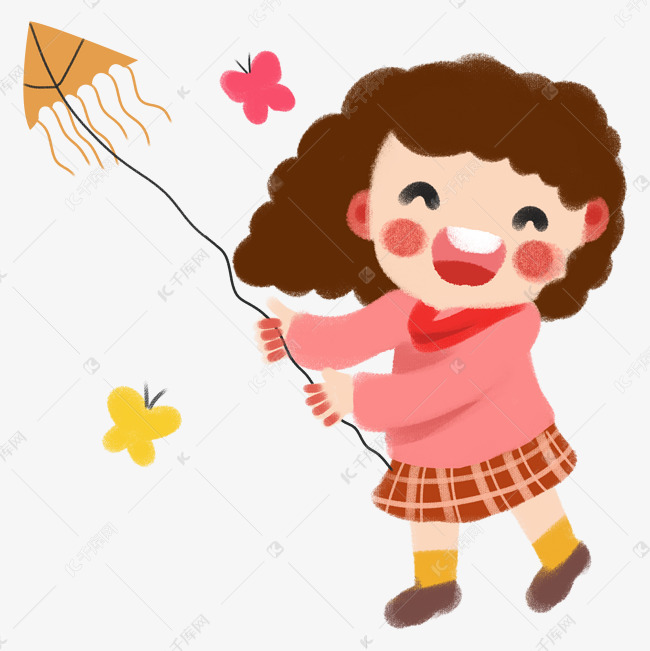 春季放风筝的q版小女孩