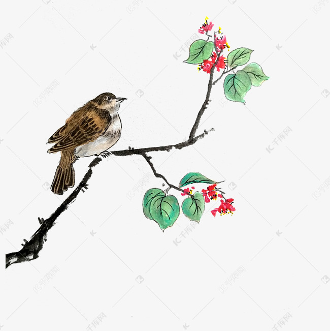 春天红花雀鸟花鸟国画水墨png