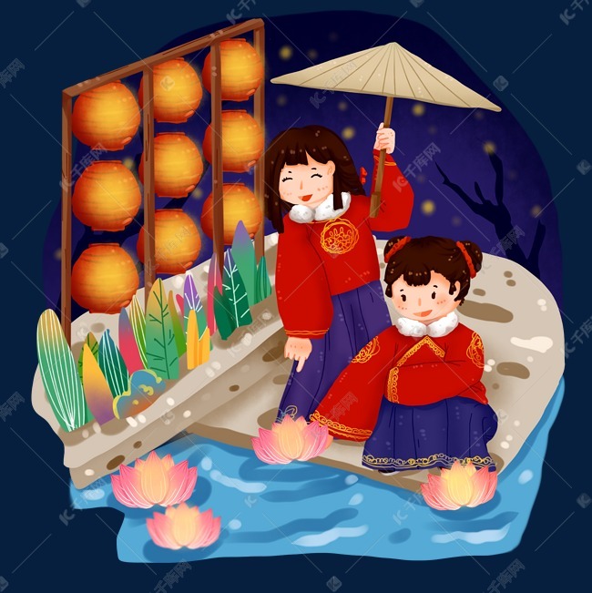 中国传统节日之元宵节汉服女孩河边放花灯免抠