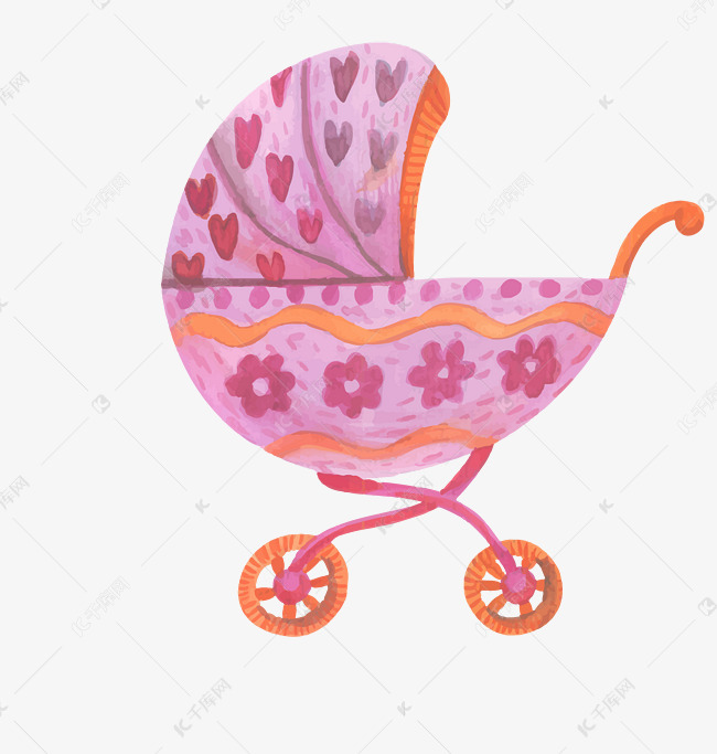 手绘彩色婴儿车设计素材